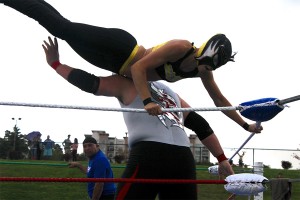 The Wasp makes use of the ring's ropes, propelling herself into the air and landing a crushing blow to Steel's shoulder.