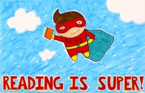 Karly Dammel won in the 7 – 12 category for her colorful design of a reading superhero.
