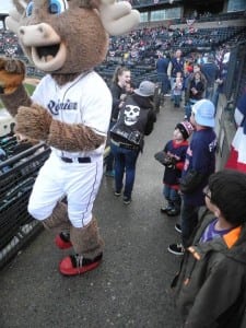 Rhubarb visits fans during the game