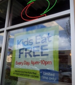 Kids eat free every day from 4:00 p.m. to 10:00 p.m. at the Dupont Quizno's.