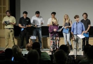 Image of actors taking the stage to perform last year's screenplay winner, "The Blue Bunny" by Jenni Prange Boran.