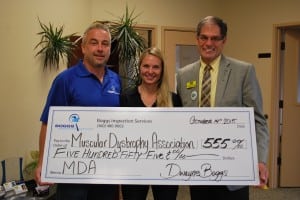 Dwayne Boggs, Heather Rowell, and Randy Reynolds celebrate their donation to the Muscular Dystrophy Association to be matched by Reynolds Real Estate, totally $1110 altogether.