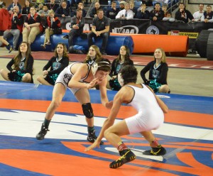 Bonney Lake's Brandon Kaylor (left) pictured wrestling Mount Spokane's Blake Haney for the 106-pound title in the 3A classification.