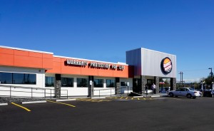 An outdated building and Puyallup landmark sat vacant for several years before Sunset Trucks remodeled the lot into a state-of-the-art dealership. Photo courtesy: Sunset Trucks. 