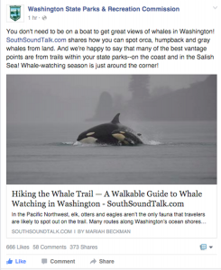 Washington State Parks and Recreation Commission's a link to SouthSoundTalk's Whale Trail article. The post received 666 likes, 58 comments and 373 shares. 