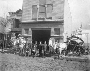 In 1890, Tacoma Fire Dept. Station # 3 was at 1212 North "G", near the corner of "G" and McCarver Streets. The station had a Silsby patent, fourth class rotary engine weighing in at 7,000 pounds which was drawn by two horses. Photo courtesy: Tacoma Public Library. 
