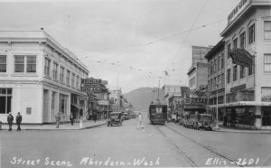 Historic Aberdeen downtown scene with trolley